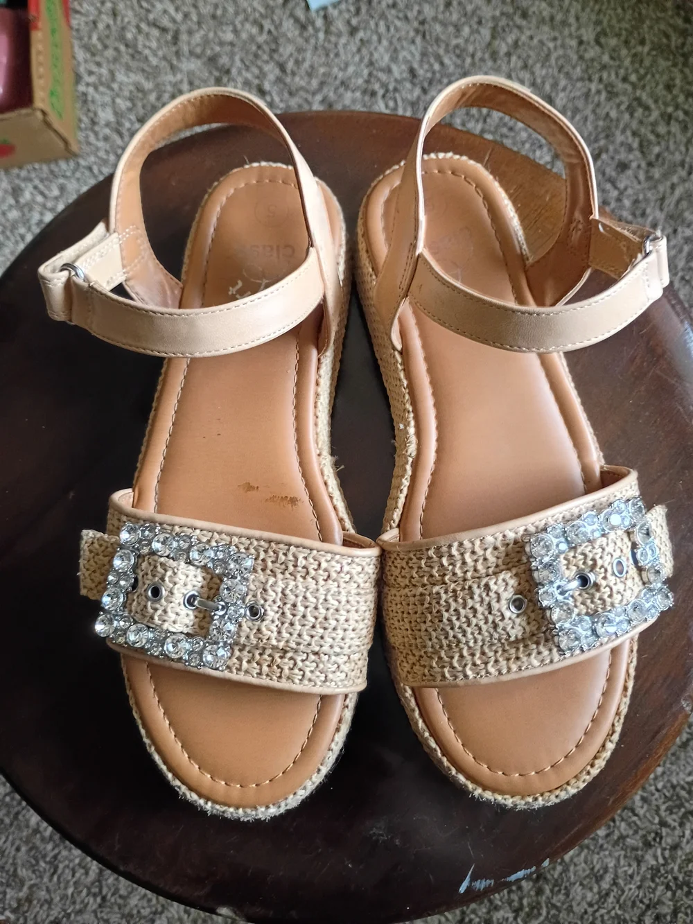 Beige Woven Platform Sandals with Rhinestone Buckle